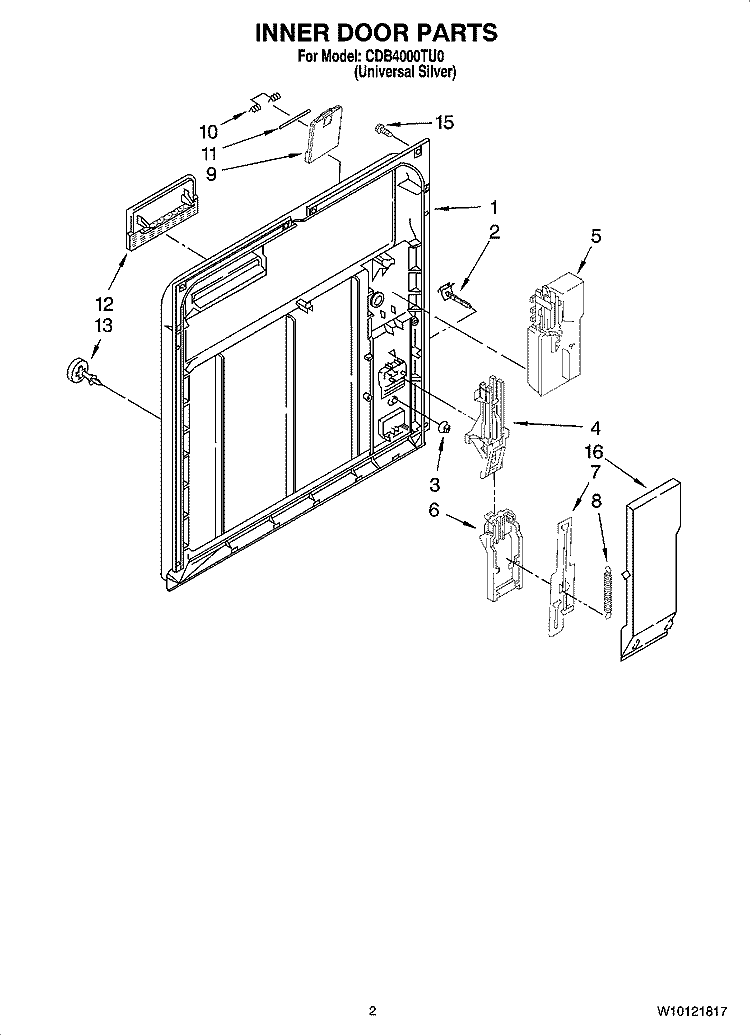 INNER DOOR PARTS Diagram and Parts List for CDB4000TU0  Whirlpool Dishwasher
