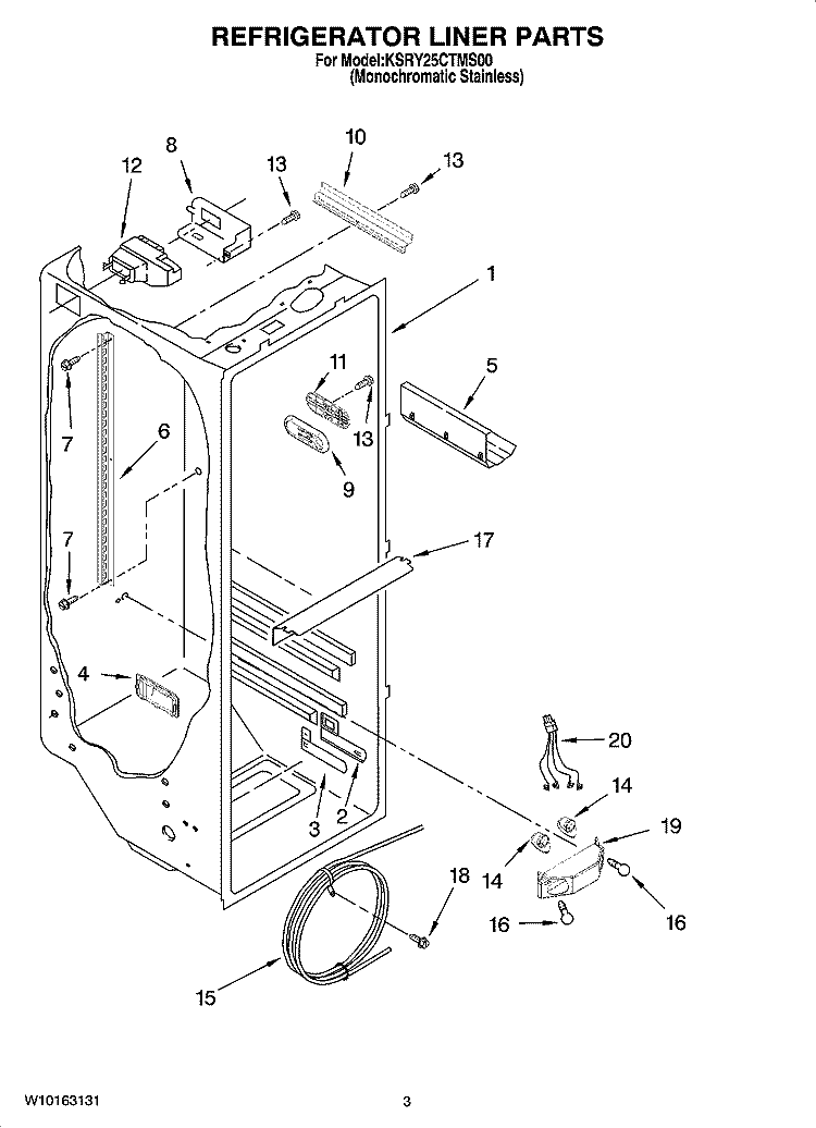 REFRIGERATOR LINER PARTS Diagram and Parts List for KSRY25CTMS01  KitchenAid Refrigerator