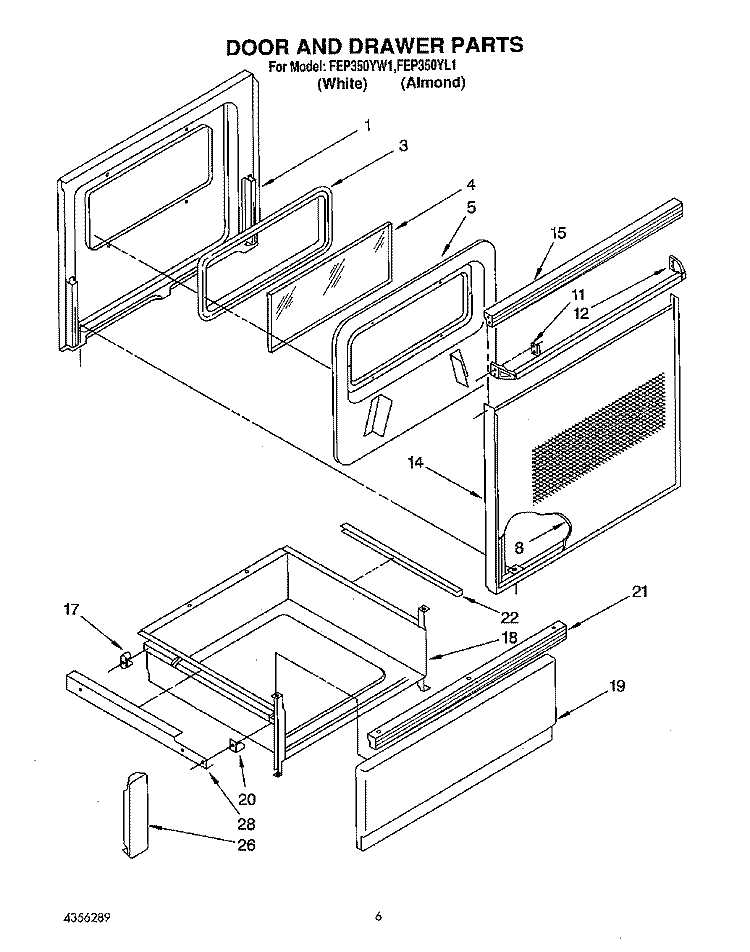 DOOR AND DRAWER Diagram and Parts List for FEP350YW1  Roper Range