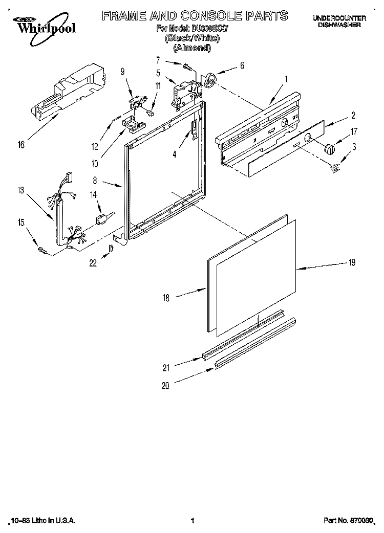 FRAME AND CONSOLE Diagram and Parts List for DU8000XX7  Whirlpool Dishwasher