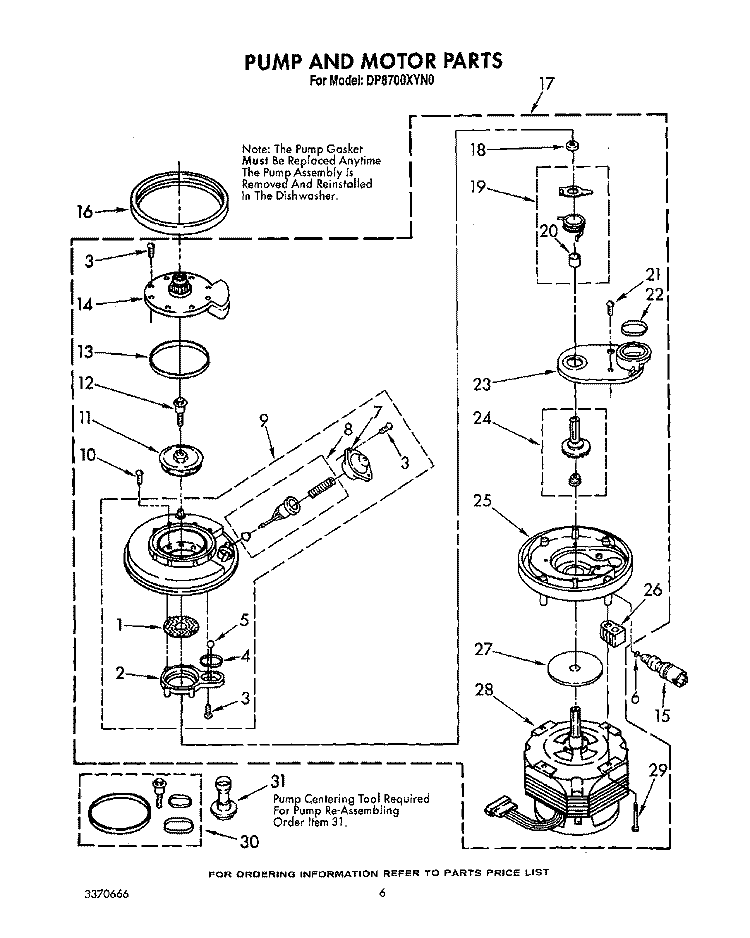 PUMP AND MOTOR Diagram and Parts List for DP8700XYN0  Whirlpool Dishwasher