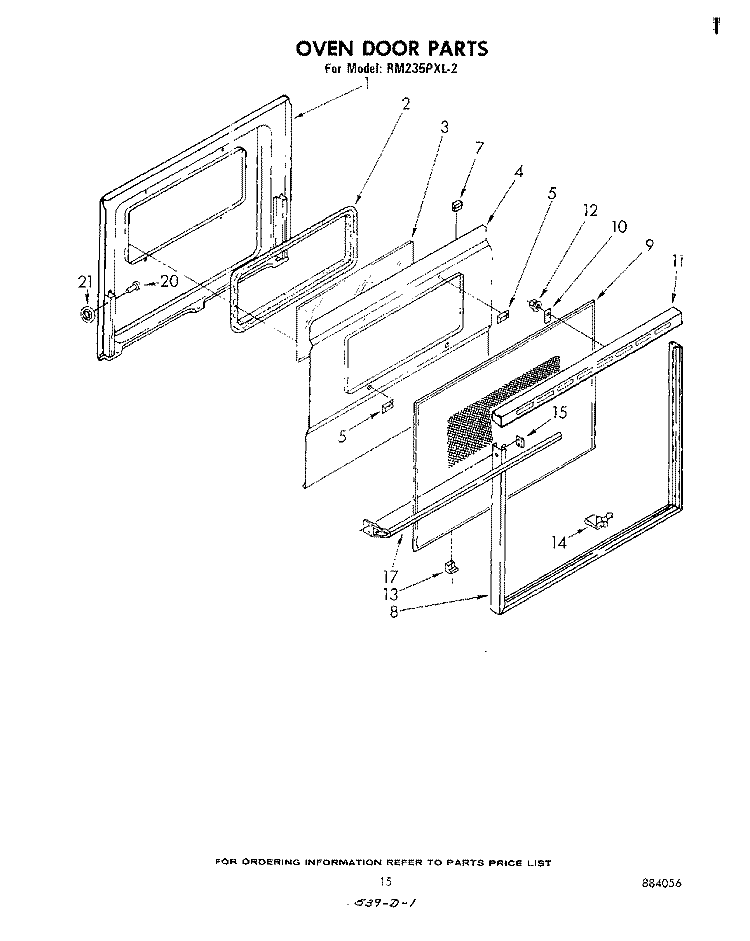 OVEN DOOR Diagram and Parts List for RM235PXL2  Whirlpool Microwave Oven Combo