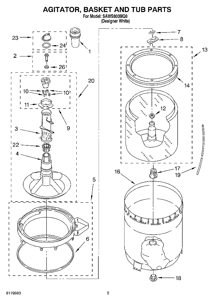 AGITATOR, BASKET AND TUB PARTS Diagram and Parts List for SAWS800MQ0  Whirlpool Washer