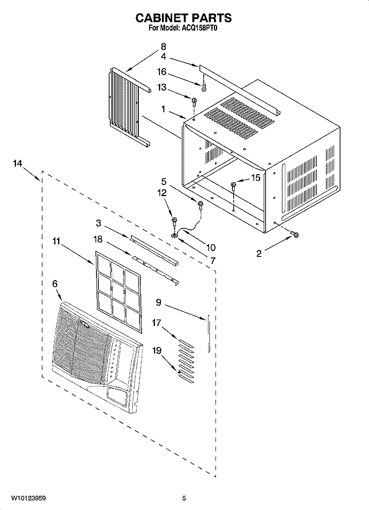 CABINET PARTS Diagram and Parts List for ACQ158PT0  Whirlpool Air Conditioner