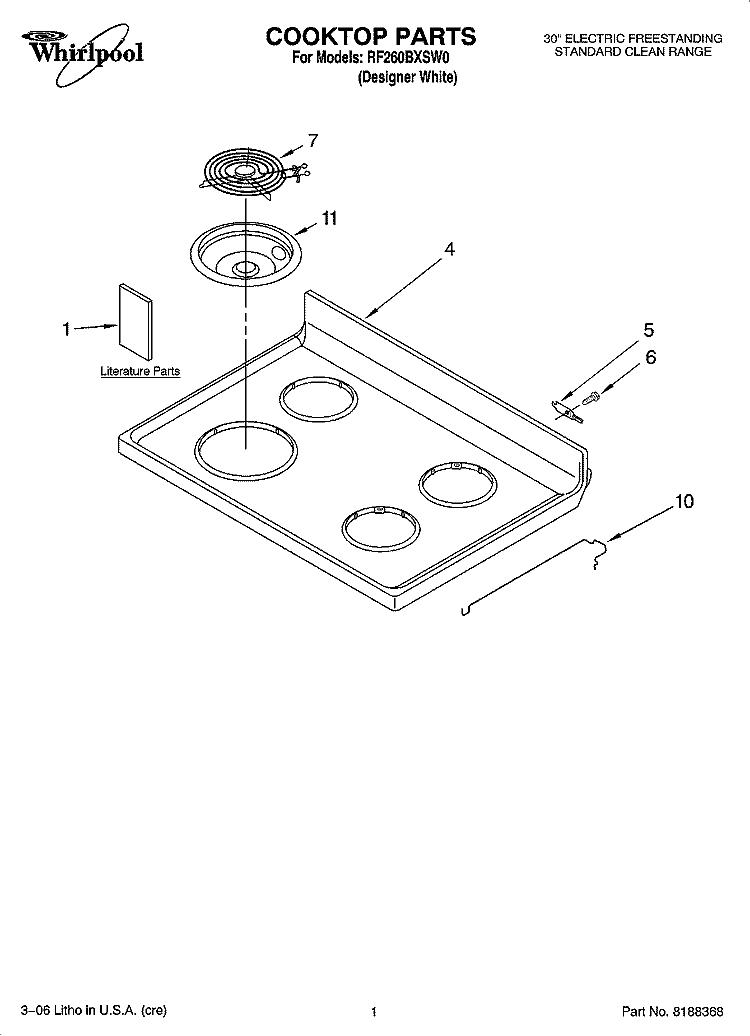COOKTOP PARTS Diagram and Parts List for RF260BXSW0  Whirlpool Range