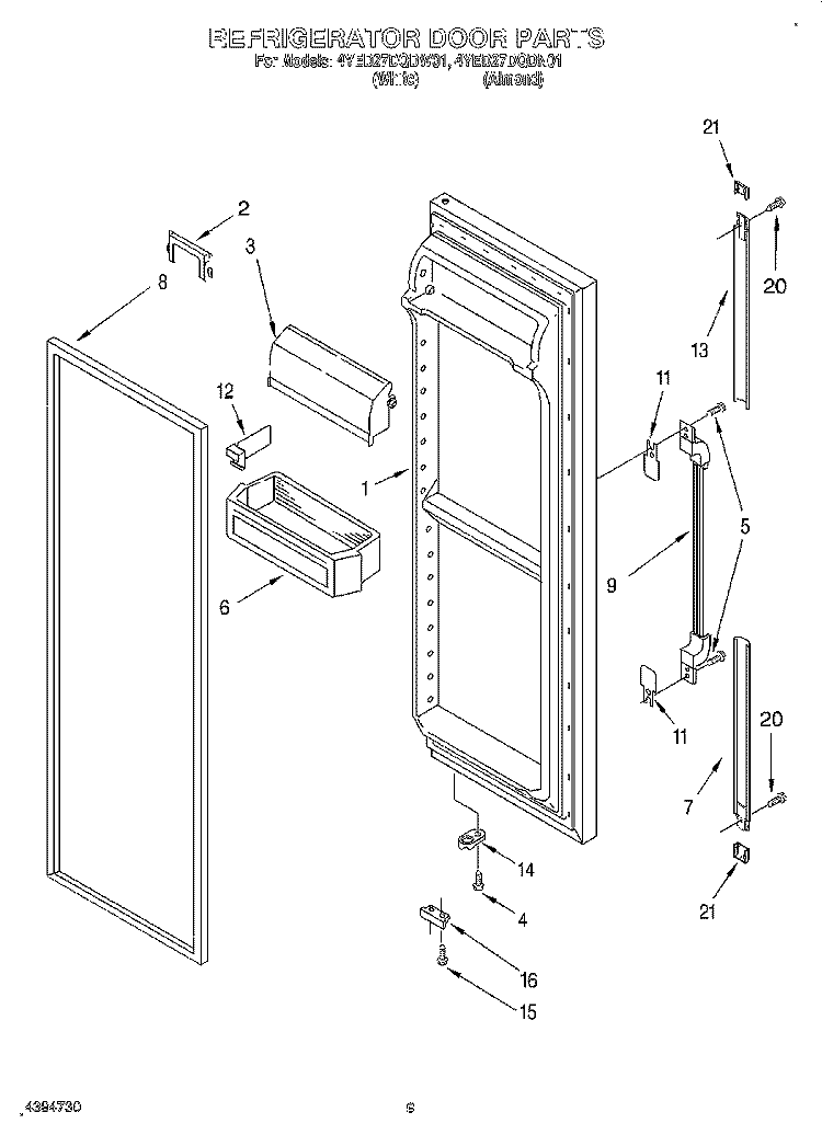 REFRIGERATOR DOOR Diagram and Parts List for 4YED27DQDW01  Whirlpool Refrigerator