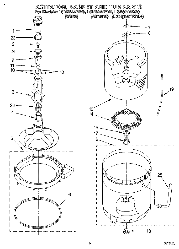 AGITATOR, BASKET AND TUB Diagram and Parts List for LSN8244BN0  Whirlpool Washer