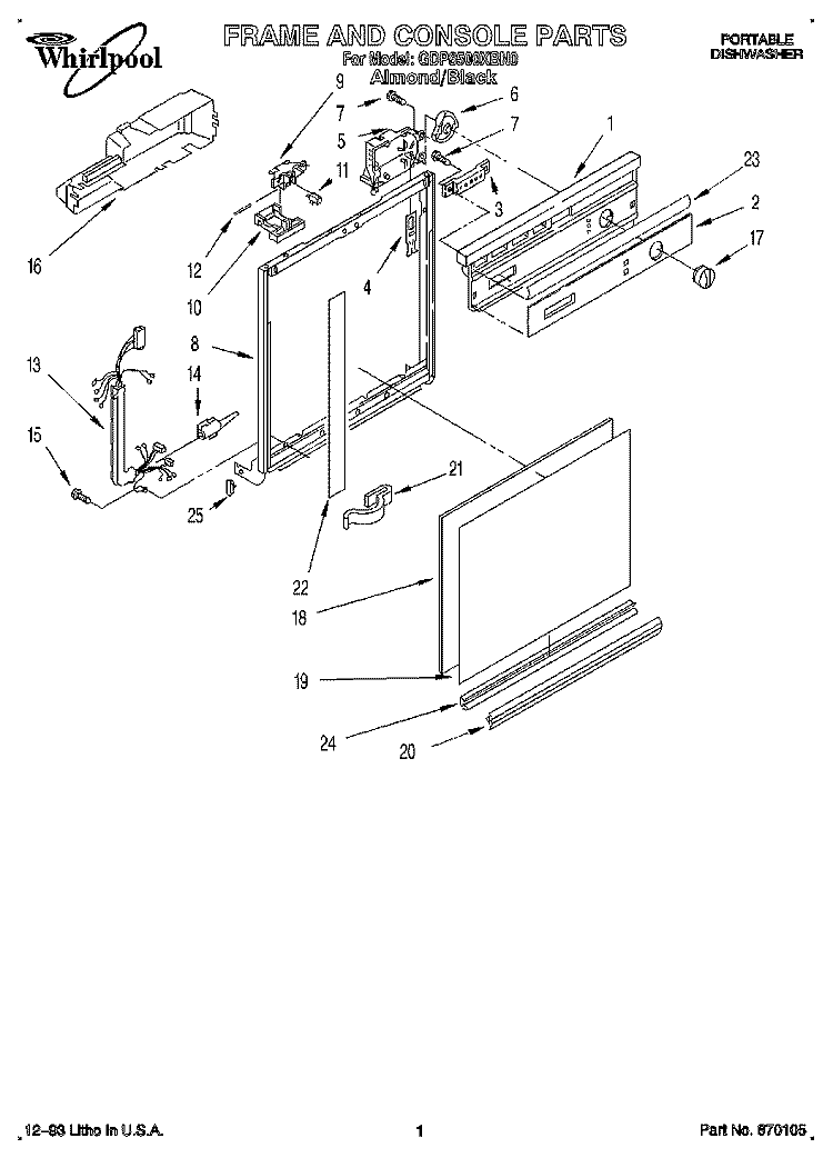 FRAME AND CONSOLE Diagram and Parts List for GDP8500XBN0  Whirlpool Dishwasher