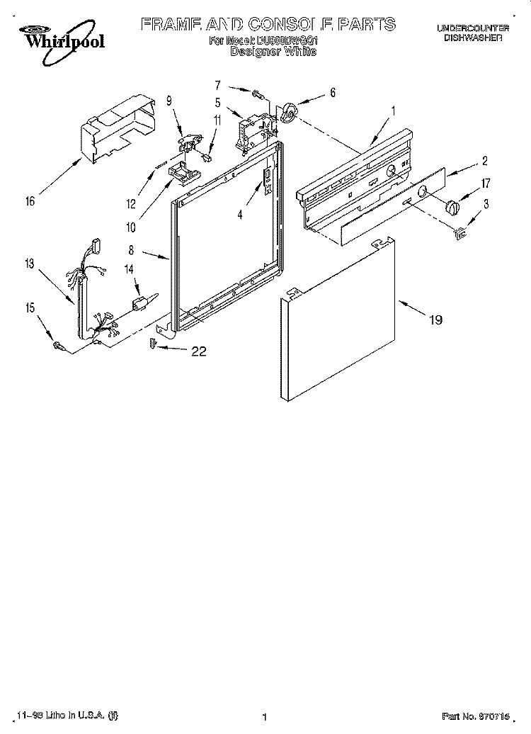 FRAME AND CONSOLE Diagram and Parts List for DU800DWGQ1  Whirlpool Dishwasher