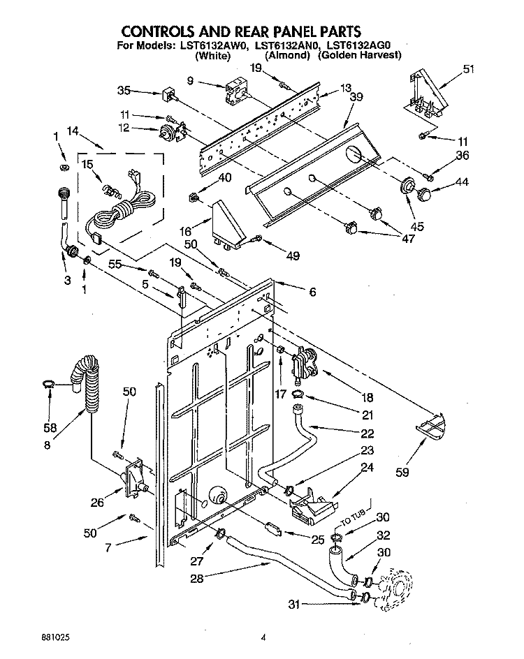 CONTROLS AND REAR PANEL Diagram and Parts List for LST6132AG0  Whirlpool Washer