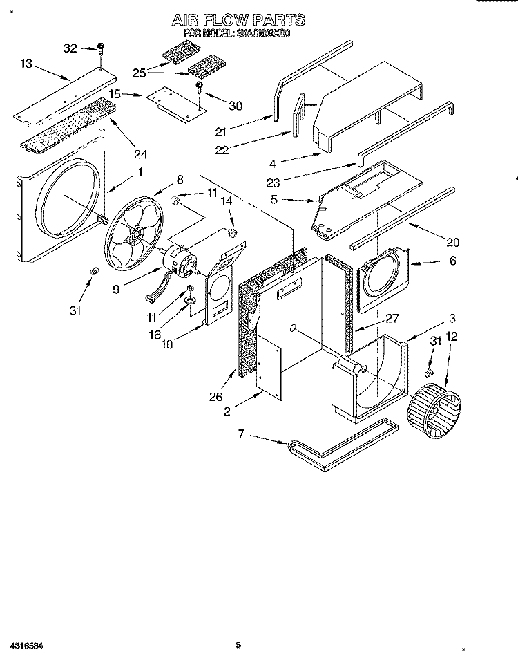 AIR FLOW Diagram and Parts List for 3XACM09XD0  Whirlpool Air Conditioner