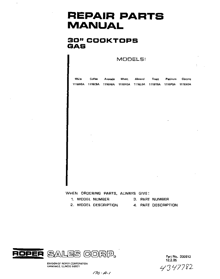 SECTION Diagram and Parts List for 1116W0A  Roper Cooktop