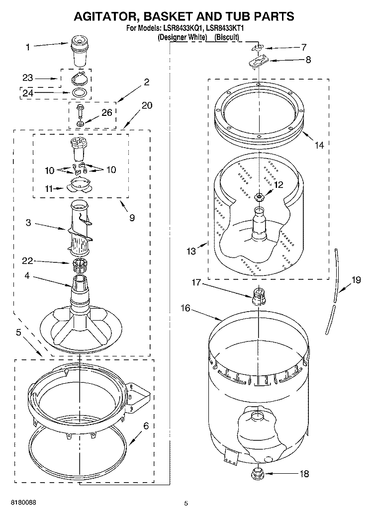 AGITATOR, BASKET AND TUB PARTS Diagram and Parts List for LSR8433KT1  Whirlpool Washer