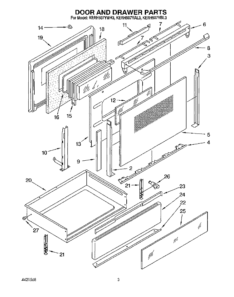 DOOR AND DRAWER Diagram and Parts List for KERH507YAL3  KitchenAid Range