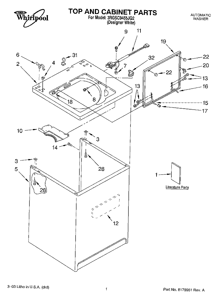 TOP AND CABINET PARTS Diagram and Parts List for 3RGSC9455JQ2  Whirlpool Washer