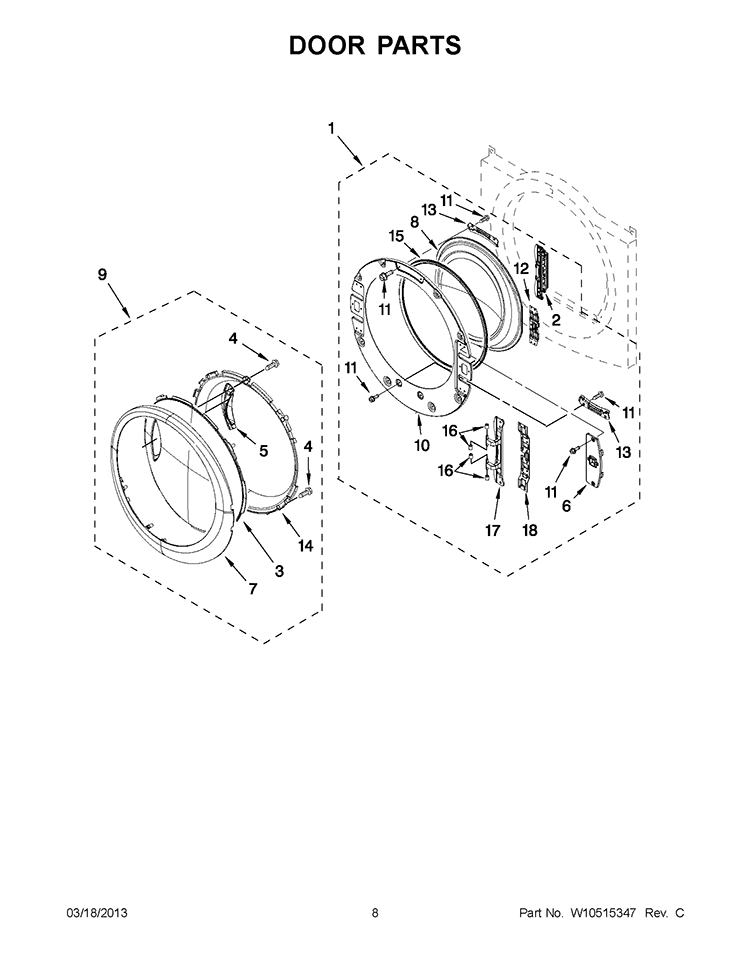 DOOR PARTS Diagram and Parts List for WGD94HEAW0  Whirlpool Dryer