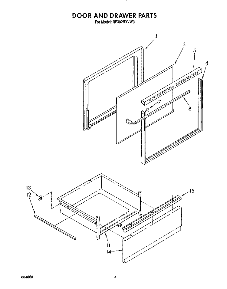 DOOR AND DRAWER Diagram and Parts List for RF302BXVG3  Whirlpool Range