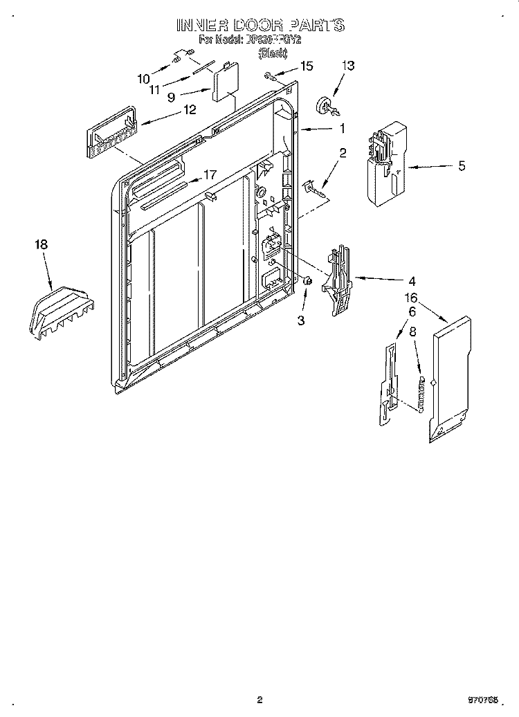 INNER DOOR Diagram and Parts List for DP920PFGY2  Whirlpool Dishwasher