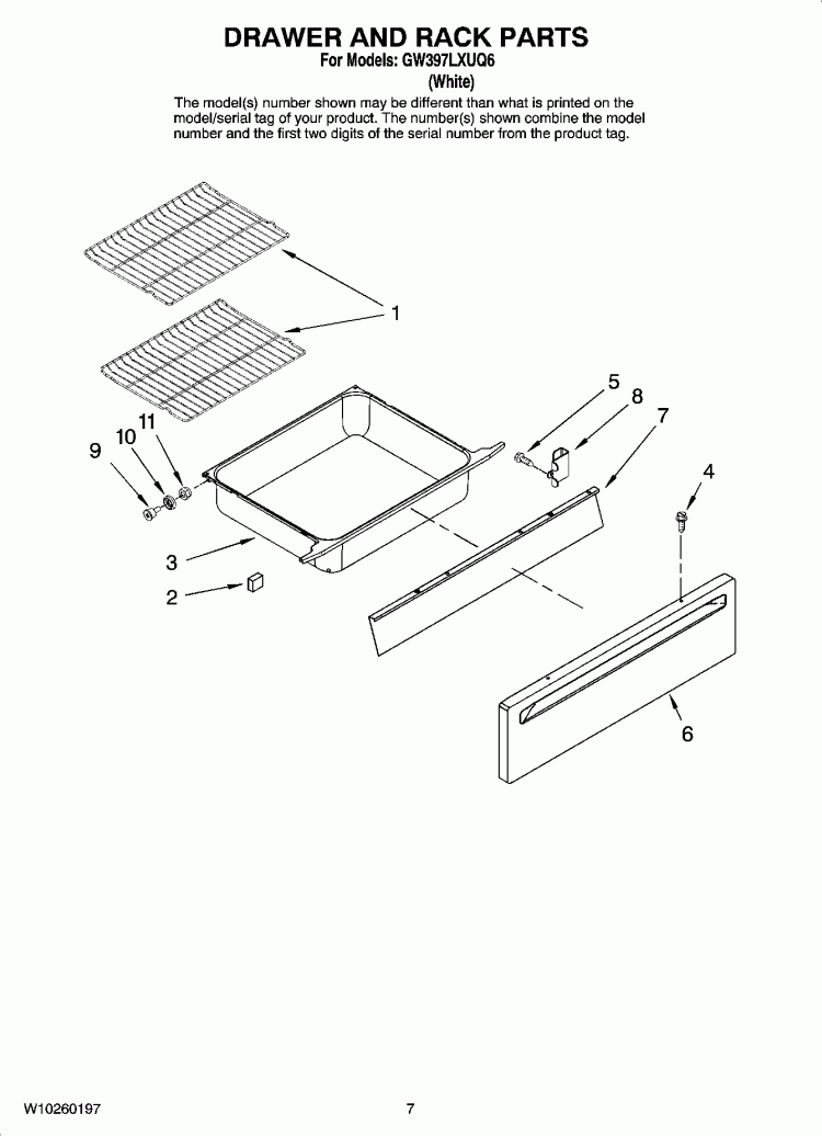DRAWER AND RACK PARTS Diagram and Parts List for GW397LXUQ6  Whirlpool Range