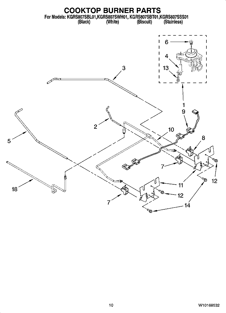 COOKTOP BURNER PARTS Diagram and Parts List for KGRS807SBL01  KitchenAid Range