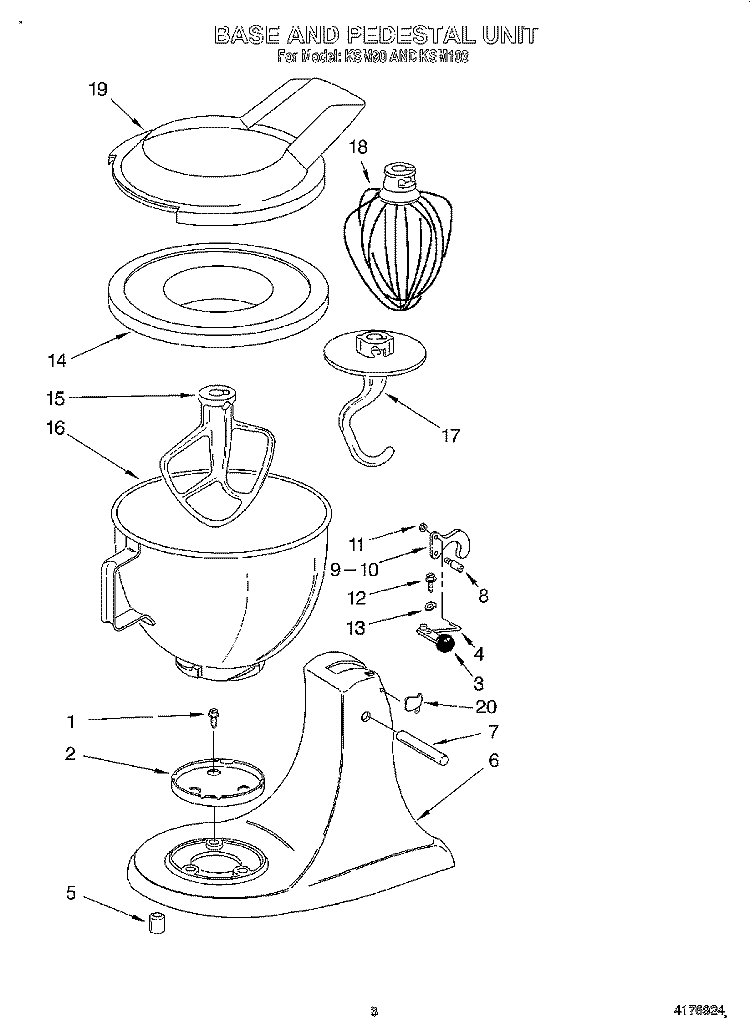 BASE AND PEDESTAL, LITERATURE Diagram and Parts List for KSM103WH  KitchenAid Mixer