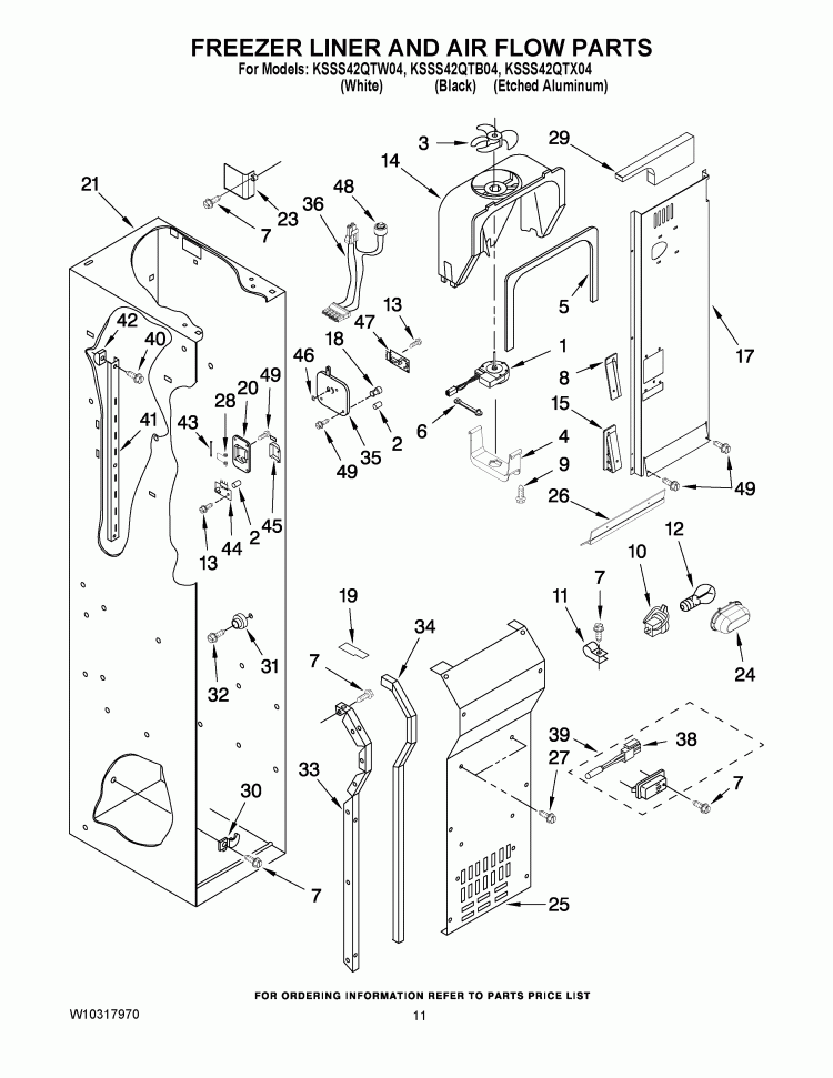 FREEZER LINER AND AIR FLOW PARTS Diagram and Parts List for KSSS42QTB04  KitchenAid Refrigerator