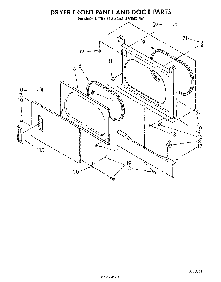 DRYER FRONT PANEL AND DOOR Diagram and Parts List for LT7000XTM0  Whirlpool Washer Dryer Combo