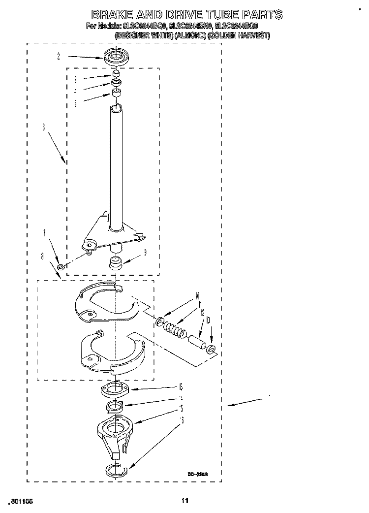 BRAKE AND DRIVE TUBE Diagram and Parts List for 8LSC6244BG0  Whirlpool Washer