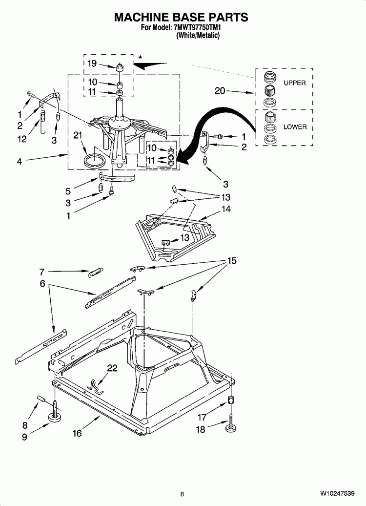 MACHINE BASE PARTS Diagram and Parts List for 7MWT97750TM1  Whirlpool Washer