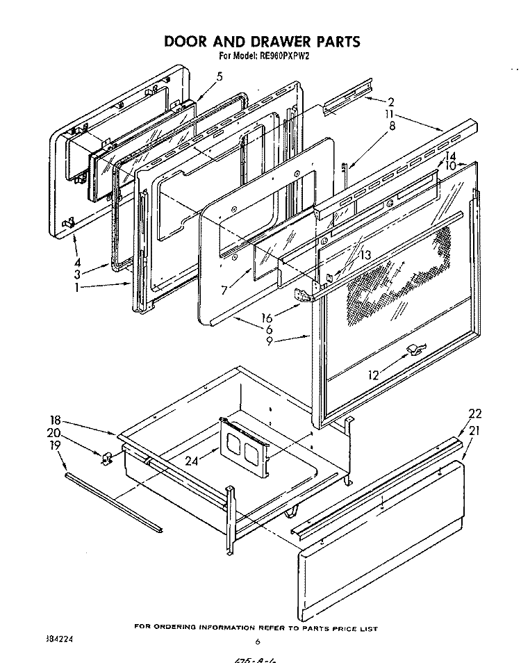 DOOR AND DRAWER Diagram and Parts List for RE960PXPW2  Whirlpool Range
