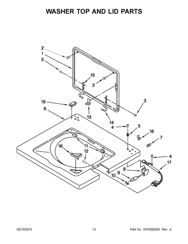 WASHER TOP AND LID PARTS Diagram and Parts List for WET3300XQ0  Whirlpool Washer Dryer Combo