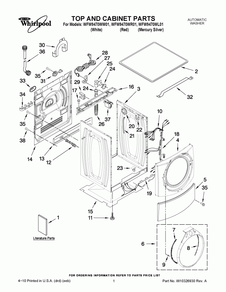 TOP AND CABINET PARTS Diagram and Parts List for WFW9470WR01  Whirlpool Washer