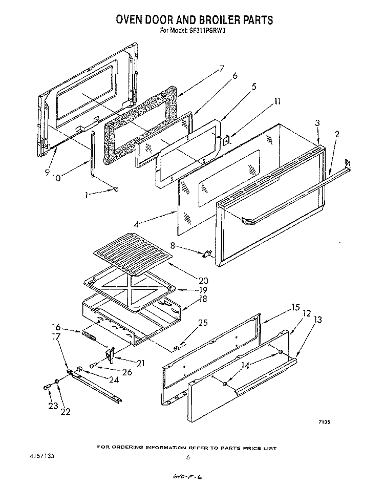 OVEN DOOR AND BROILER Diagram and Parts List for SF311PSRW0  Whirlpool Range