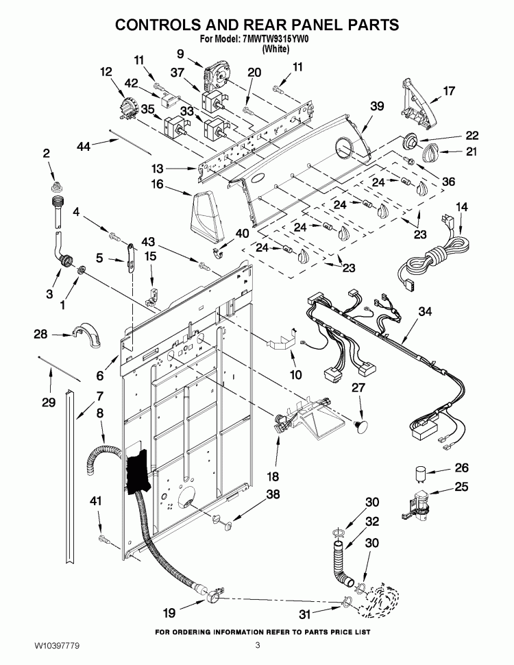 CONTROLS AND REAR PANEL PARTS Diagram and Parts List for 7MWTW9315YW0  Whirlpool Washer