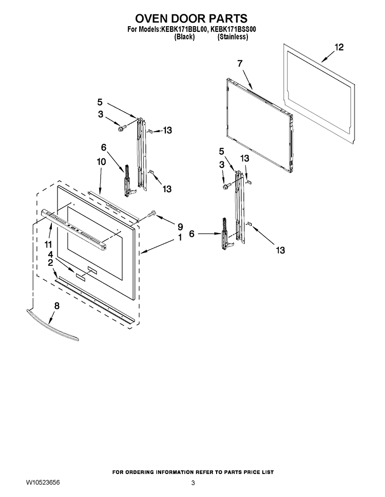 OVEN DOOR PARTS Diagram and Parts List for KEBK171BSS00  KitchenAid Wall Oven
