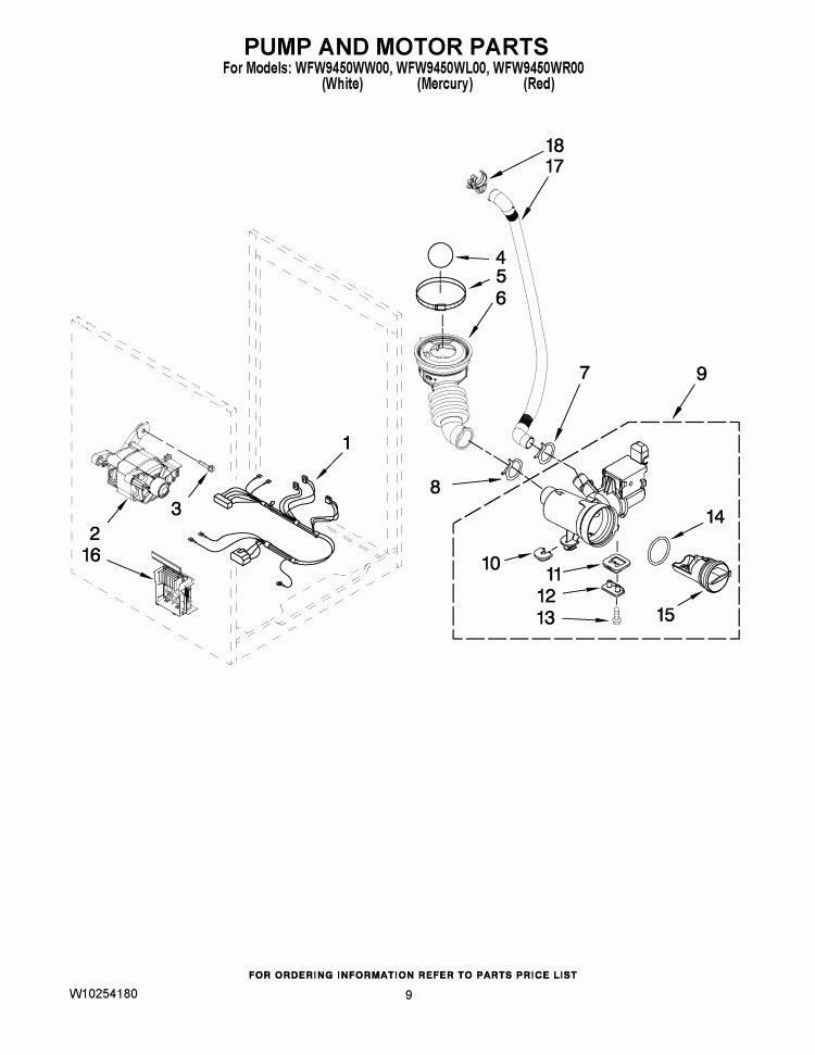 PUMP AND MOTOR PARTS Diagram and Parts List for WFW9450WL00  Whirlpool Washer