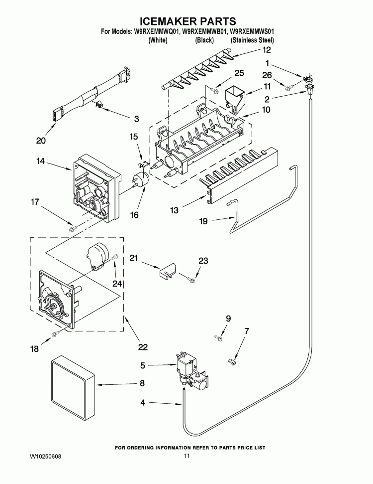 ICEMAKER PARTS Diagram and Parts List for W9RXEMMWB01  Whirlpool Refrigerator