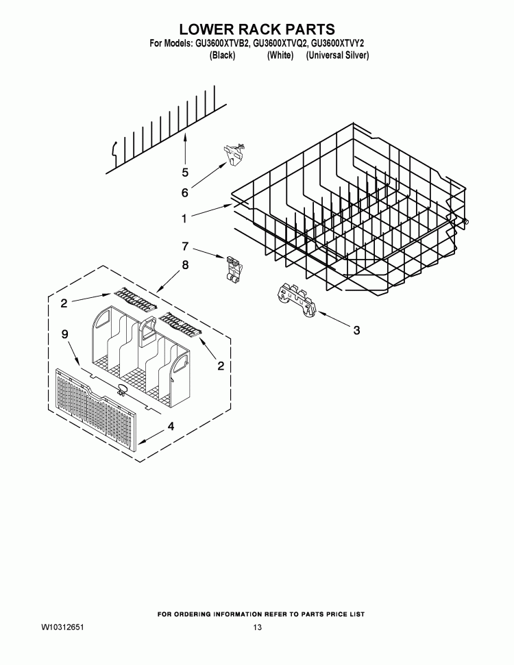 LOWER RACK PARTS Diagram and Parts List for GU3600XTVB2  Whirlpool Dishwasher