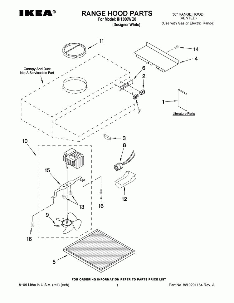 RANGE HOOD PARTS Diagram and Parts List for IH1300WQ0  Whirlpool Range Hood