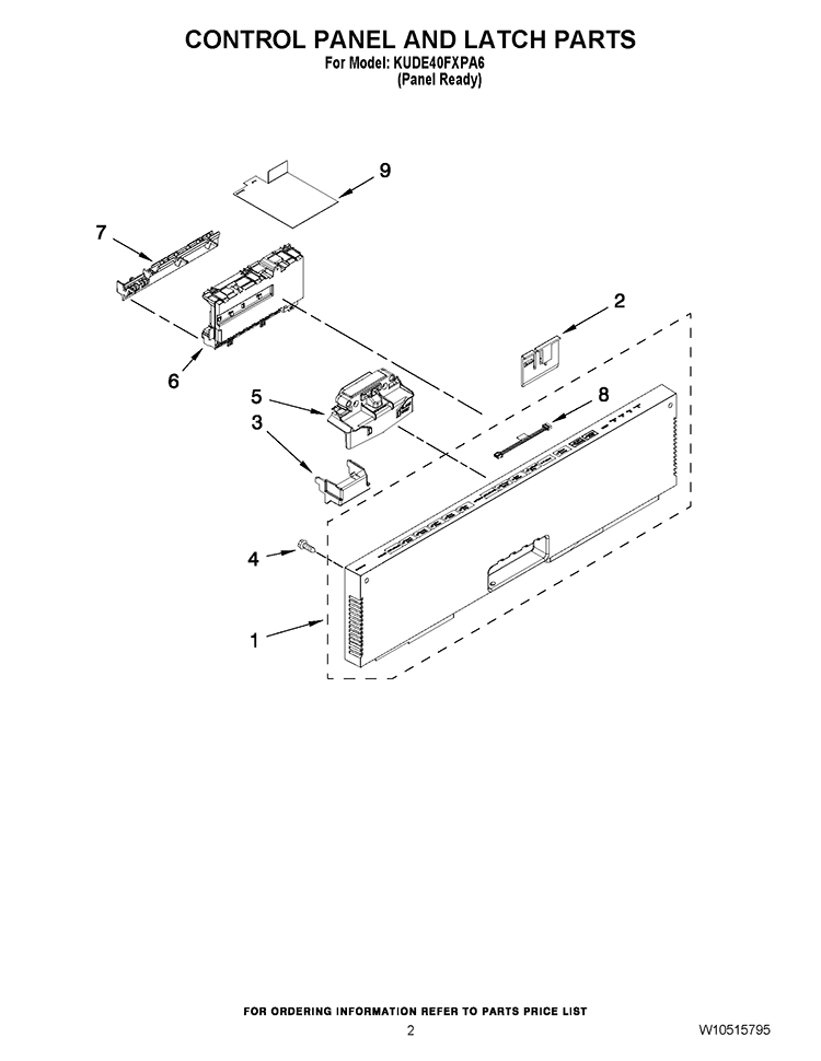CONTROL PANEL AND LATCH PARTS Diagram and Parts List for KUDE40FXPA6  KitchenAid Dishwasher