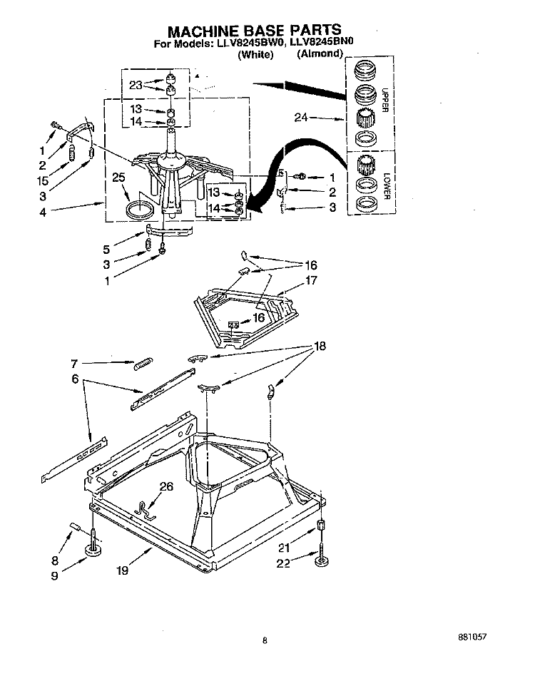 MACHINE BASE Diagram and Parts List for LLV8245BW0  Whirlpool Washer