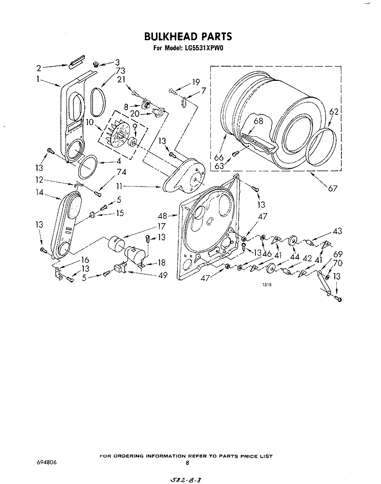 BULKHEAD Diagram and Parts List for LG5531XPW0  Whirlpool Dryer