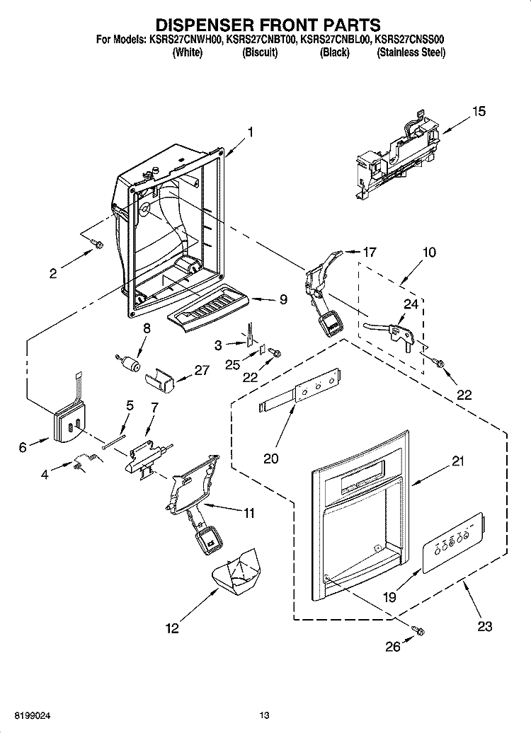 DISPENSER FRONT PARTS Diagram and Parts List for KSRS27CNSS00  KitchenAid Refrigerator