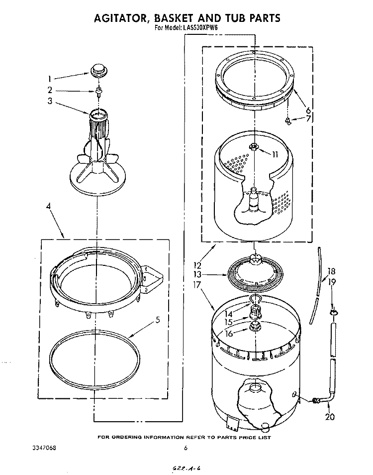 AGITATOR, BASKET AND TUB Diagram and Parts List for LA5530XPW6  Whirlpool Washer