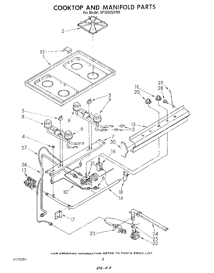 COOKTOP AND MANIFOLD , LITERATURE AND OPTIONAL Diagram and Parts List for SF3040SRW0  Whirlpool Range