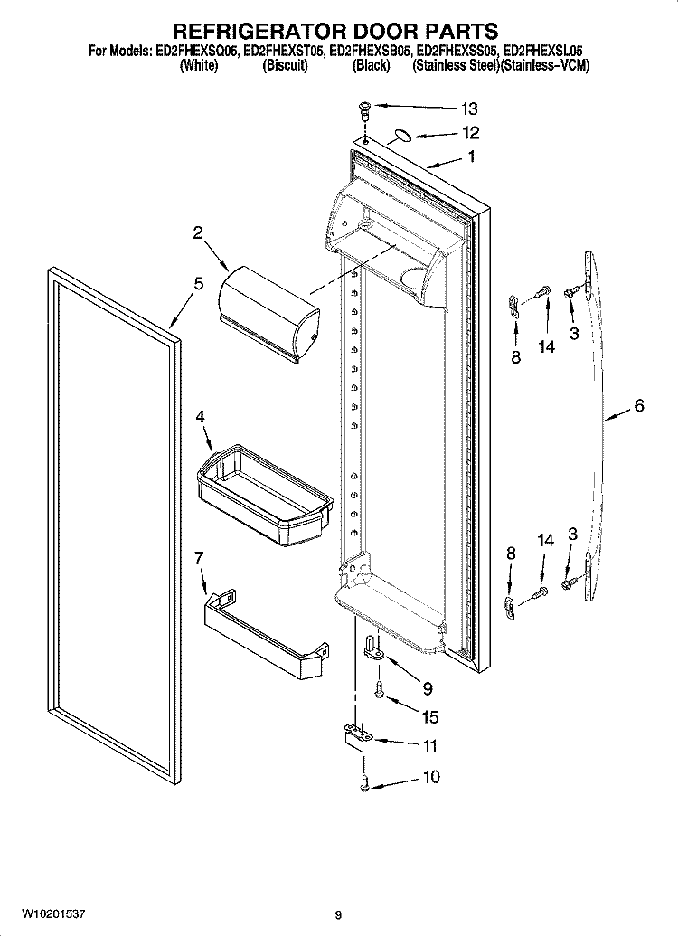 REFRIGERATOR DOOR PARTS Diagram and Parts List for ED2FHEXST05  Whirlpool Refrigerator