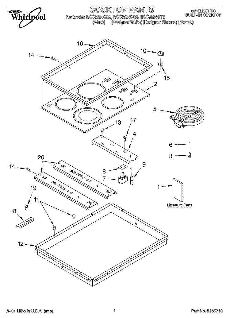 SECTION Diagram and Parts List for RCC3024GT3  Whirlpool Cooktop