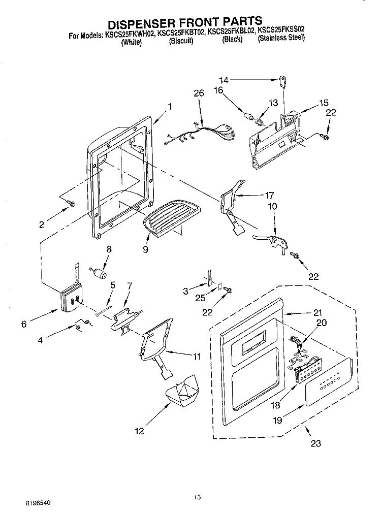 DISPENSER FRONT PARTS Diagram and Parts List for KSCS25FKSS02  KitchenAid Refrigerator