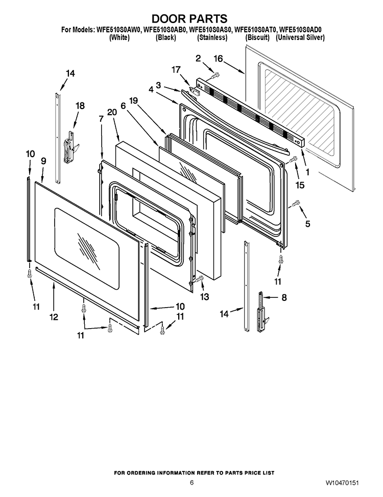DOOR PARTS Diagram and Parts List for WFE510S0AT0  Whirlpool Range