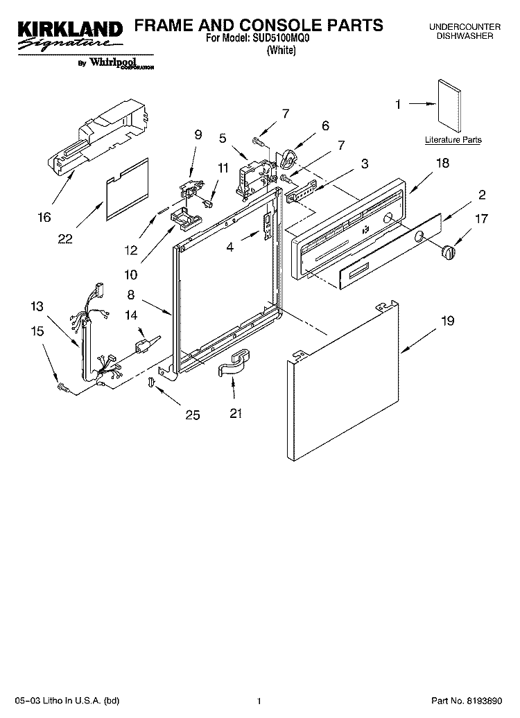 FRAME AND CONSOLE PARTS Diagram and Parts List for SUD5100MQ0  Whirlpool Dishwasher